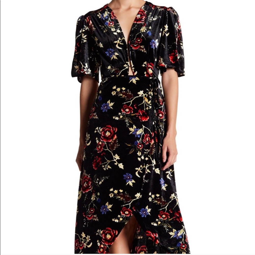Love, fire velvet black & red floral wrap dress.